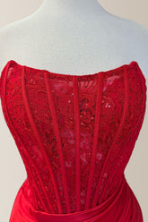 Red Mermaid Strapless Lace Top Short Satin Homecoming Party Dress